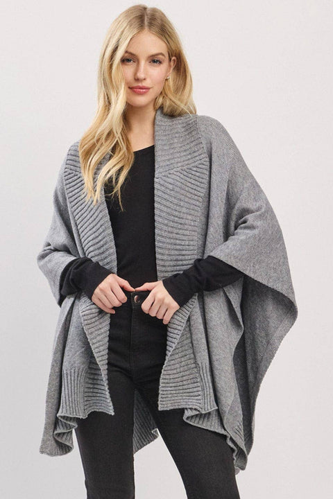 MS0455 Soft Knit Open Front Shawl With Ribbed Trim: Gray