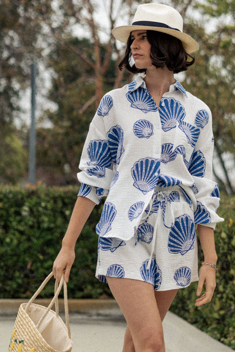 Urban Daizy-Seaside Blue Shell Cotton Gauze Shirt & Short Set-Pink Dot Styles