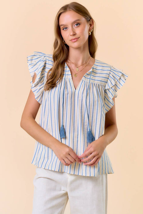 Doe and Rae-Boho Peasant Stripe Cap Sleeve Top-Pink Dot Styles