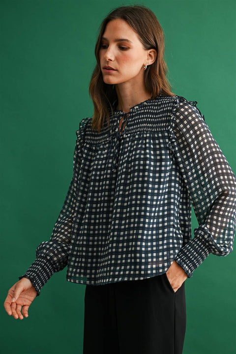 Plaid Blouse with Smocking: Navy