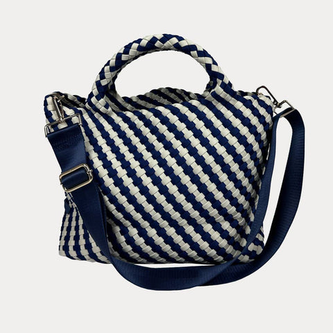 AHDORNED-Lily Woven Neoprene Tote with Pouch: NAVY/ECRU-Pink Dot Styles