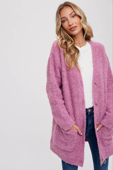 Bluivy-Silver Button Boucle Cardigan: Oatmeal-Pink Dot Styles