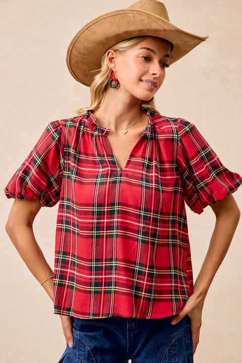 Tartan Short Sleeves Ruffled Blouse
