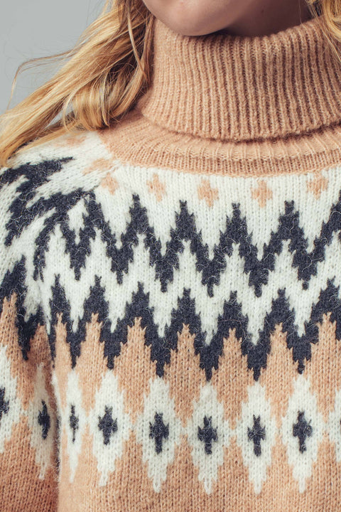 Fair Isle Knit Turtleneck Sweater: Taupe