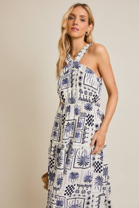 GILLI-Ivory & Navy Abstract Print Dress-Pink Dot Styles
