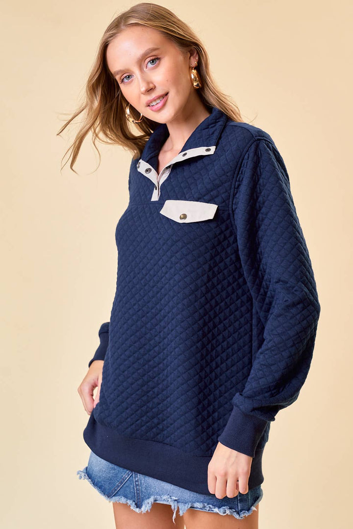 Doe and Rae-Diamond Pattern Pullover: Navy-Pink Dot Styles