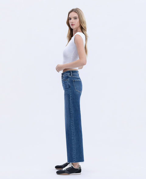 FLYING MONKEY-High Rise Trouser Press Wide Leg Jeans-Pink Dot Styles