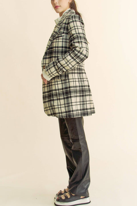 Davi & Dani-PLAID PLEATED DETAIL LONG SLEEVE BLAZER JACKET: IVORY BLACK / S-Pink Dot Styles