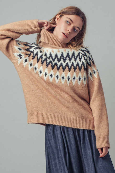 Fair Isle Knit Turtleneck Sweater: Taupe