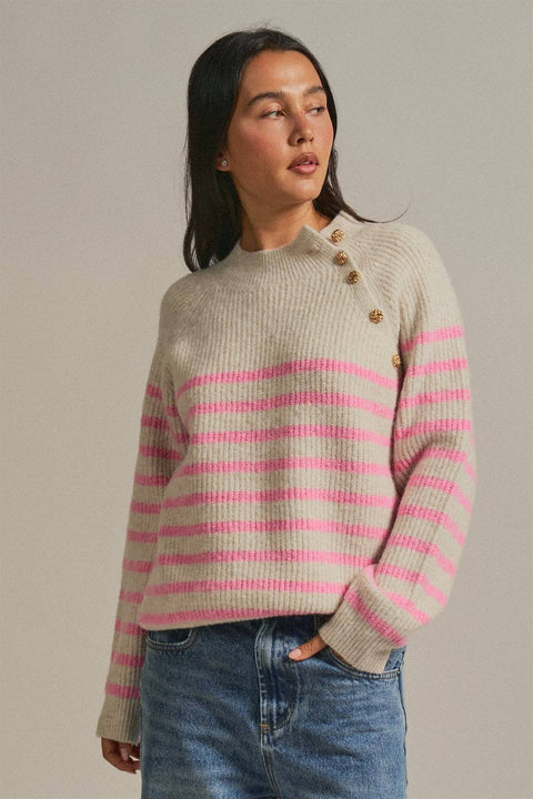 Striped Mock Neck Sweater with Gold Buttons: Pink Beige
