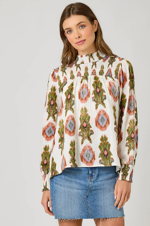 Mystree-Block Print Smocked Blouse-Pink Dot Styles