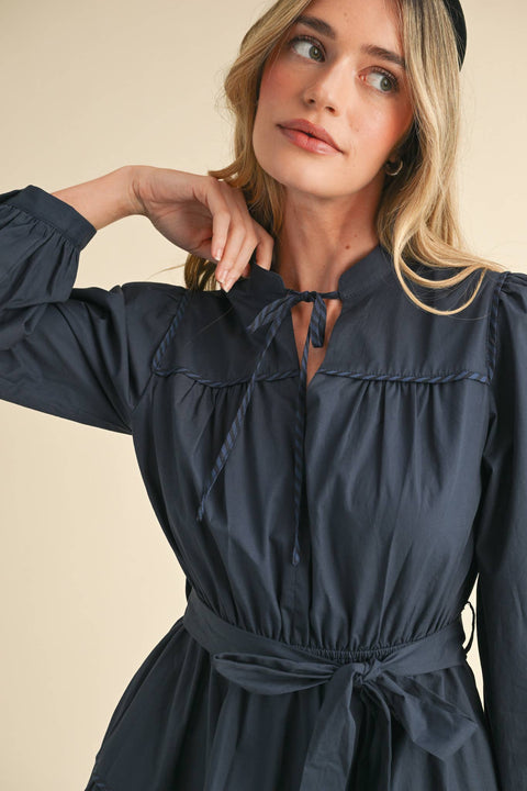 &MERCI-Navy Contrast Binding Midi Dress-Pink Dot Styles