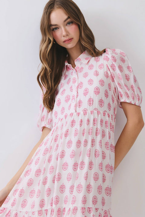 TCEC-Floral Print Puff Sleeve Tiered Midi Dress: Pink-Pink Dot Styles