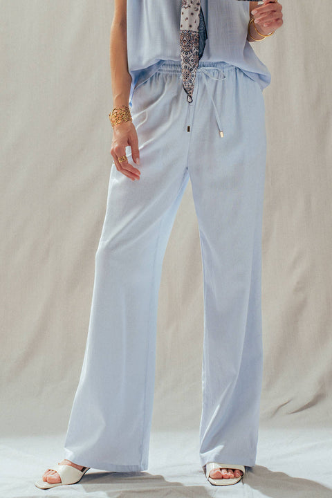 Linen Blend Wide Leg Pants Drawstring Waist: Pale Blue