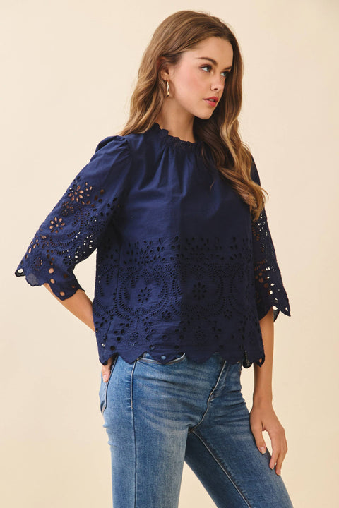 Floral Eyelet Embroidery Top: Navy