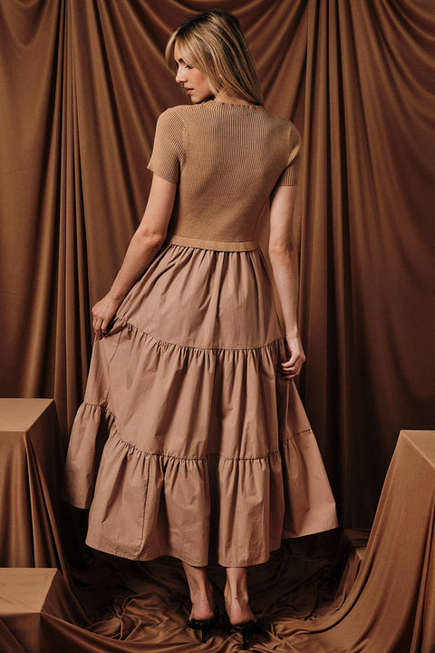 Sunday Edition by LE LIS-Mixed Media Knit and Woven Midi Dress-Pink Dot Styles