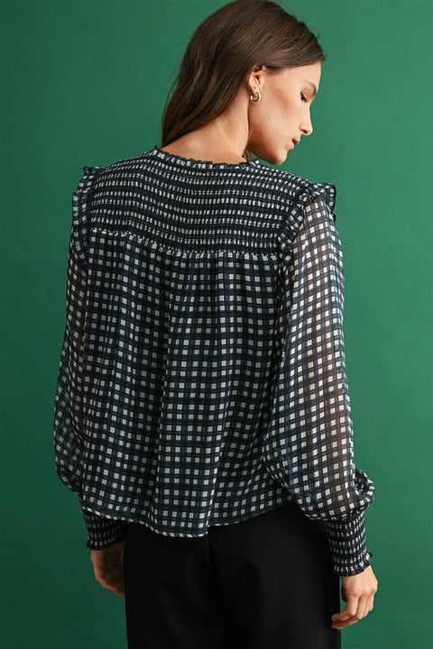 Plaid Blouse with Smocking: Navy