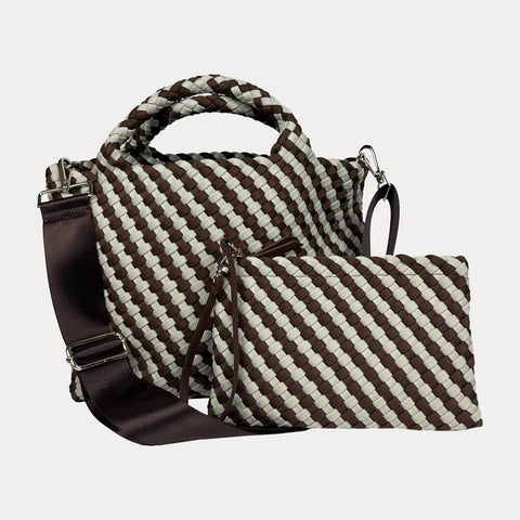 AHDORNED-Lilly Woven Neoprene Tote with Pouch: Chocolate/Ecru-Pink Dot Styles