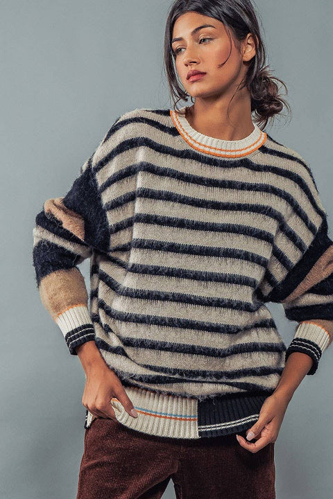 Urban Daizy-Striped Fuzzy Pullover : Multi / S-2/M-2/L-2-Pink Dot Styles