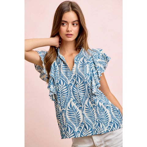 Botanical Printed Ruffle Sleeve Top