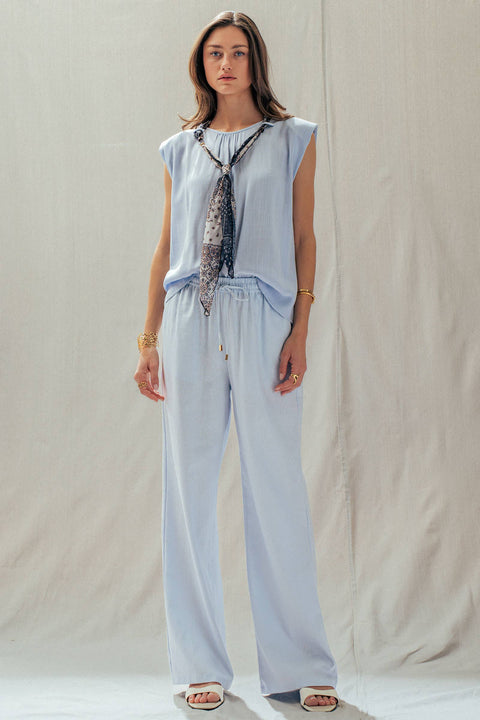 Linen Blend Wide Leg Pants Drawstring Waist: Pale Blue