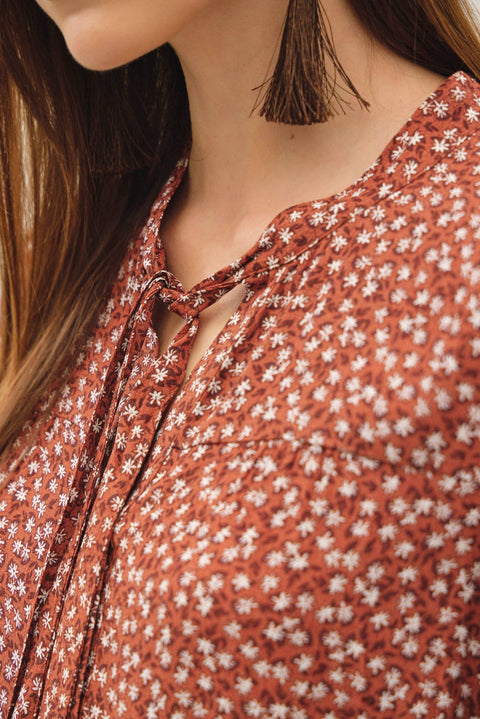Ditsy Tie Front Collar Blouse: Terracotta