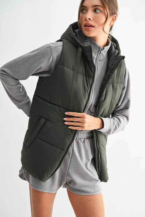 Mono B-Longline High Neck Padded Vest: OLIVE / S:M:L (1:1:1)-Pink Dot Styles