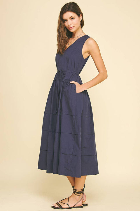 PINCH-Navy Poplin Midi Dress-Pink Dot Styles