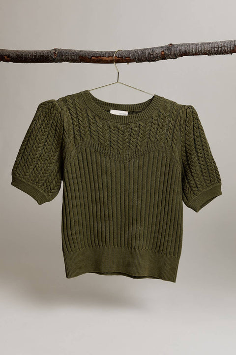 Short Sleeve Cable Knit Sweater: Olive