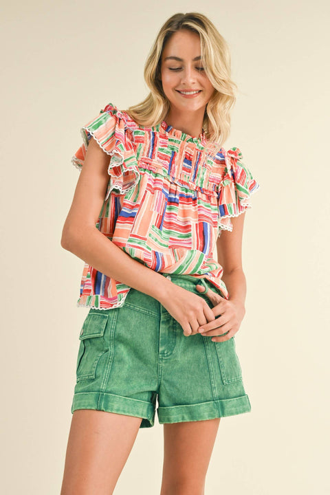 &MERCI-Multi Color Smocked Ruffle Trim Top-Pink Dot Styles