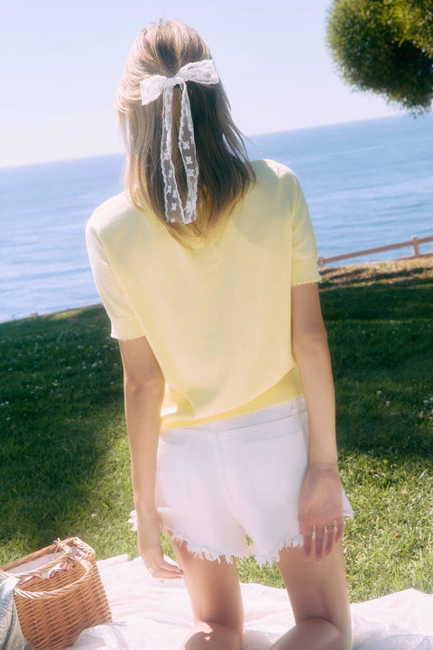 Oddi-Distressed Light Weight Knit Top: Lemon-Pink Dot Styles