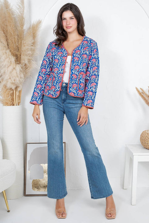 Floral Quilted Cotton Jacket - Blue