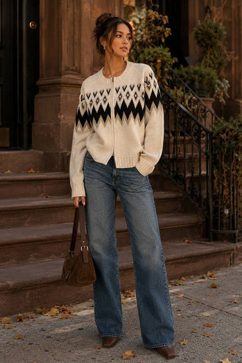 TIMING-Fair Isle Zip Front Cardigan Sweater: Ivory/black combo / S-Pink Dot Styles