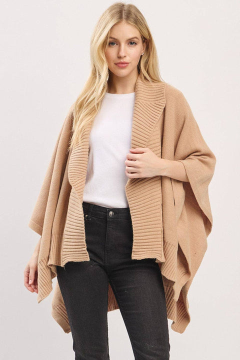 MS0455 Soft Knit Open Front Shawl With Ribbed Trim: Ivory