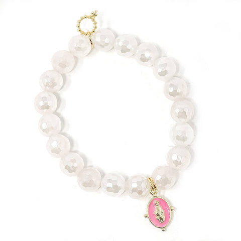 10mm Faceted Iridescent Quartz with Pink Enameled Blessed Mother: Average 7"