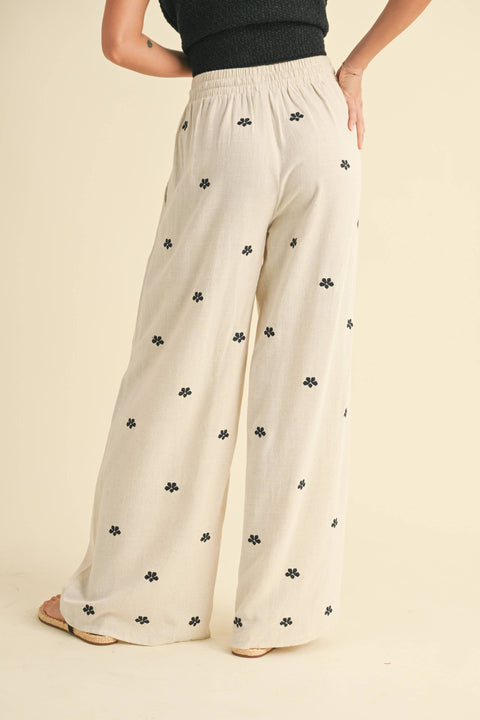 MIOU MUSE-Oatmeal Embroidered Linen Pants-Pink Dot Styles