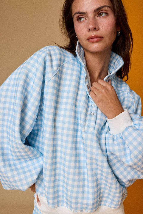 Blue Gingham Quarter Snap Sweatshirt