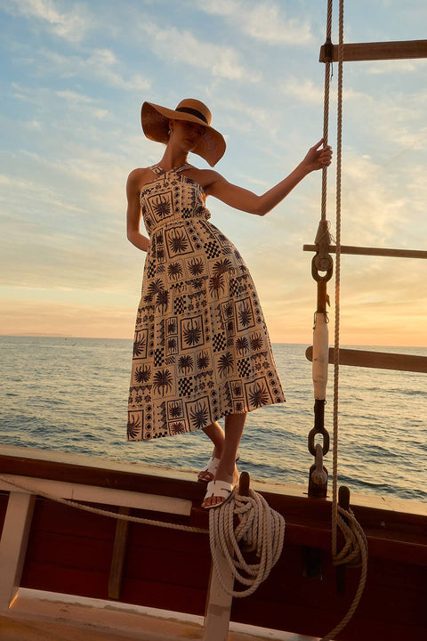 GILLI-Ivory & Navy Abstract Print Dress-Pink Dot Styles