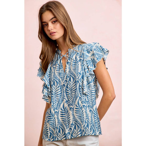 Botanical Printed Ruffle Sleeve Top