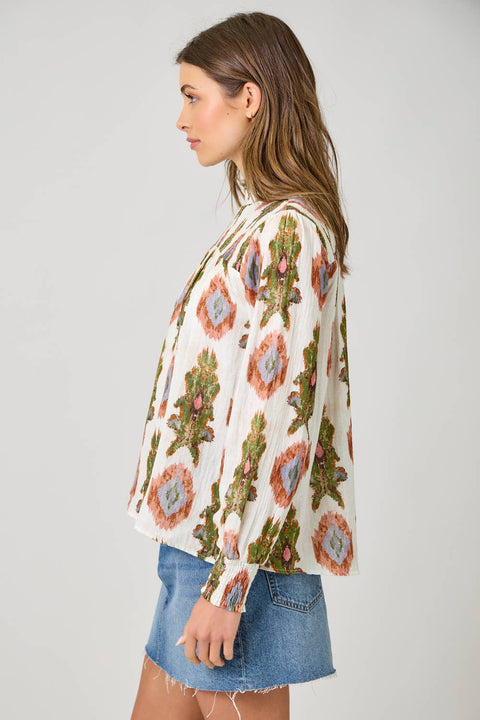 Mystree-Block Print Smocked Blouse-Pink Dot Styles
