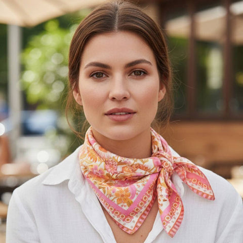 Retro Floral Print Square Bandana Scarf: Pink