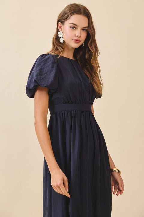 Navy Puff Sleeve Midi Dress