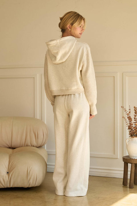 Knitted Hoodie Mixed Media Sweater: Oatmeal