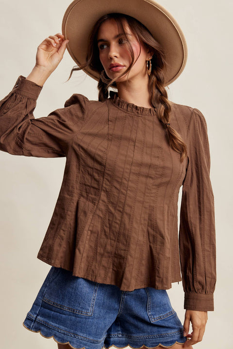 Chocolate Brown Ruffle Neck Blouse