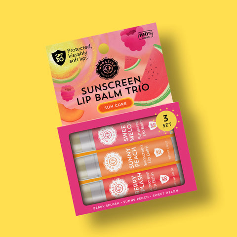 Woolzies-SPF Sunscreen Lip Balm Trio Sweet Melon, Sunny Peach, Berry-Pink Dot Styles