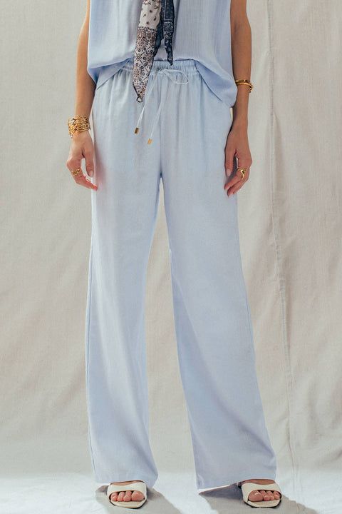 Linen Blend Wide Leg Pants Drawstring Waist: Pale Blue