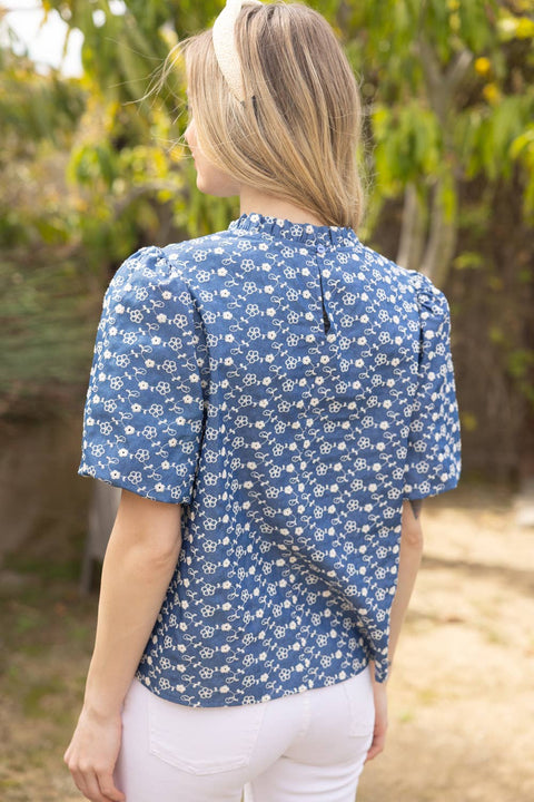 VOY-Short Bubble Sleeve Floral Embroidered Top: Navy-Pink Dot Styles