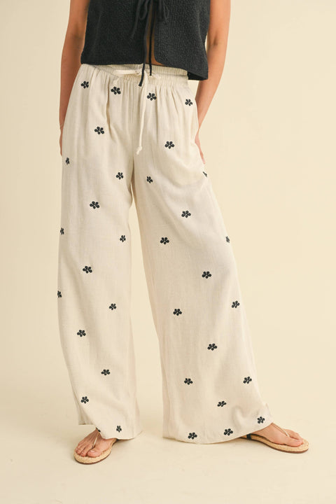 MIOU MUSE-Oatmeal Embroidered Linen Pants-Pink Dot Styles