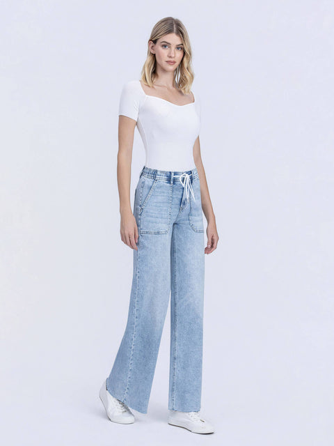 FLYING MONKEY-Wide Leg Drawstring Jeans-Pink Dot Styles