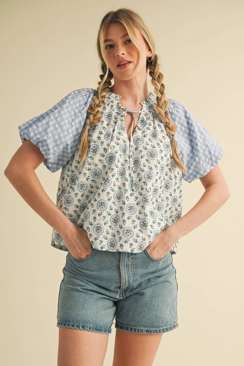 &MERCI-CONTRAST PRINT BUBBLE SLEEVE TOP MTP3562: Baby Blue Multi / M-Pink Dot Styles